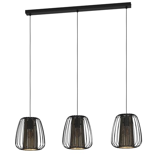 EGLO Pendant Lighting Curasao, 3 Lamp Ceiling Light Fixture for Dining and Living Rooms, Hanging Light Made of Metal and Fabric in Black and Gold, E27 Socket