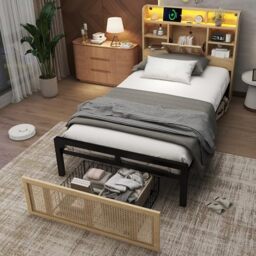 Ball & Cast Single Bed with Storage, 3FT Bed Frame with Charging Port and LED Light Strip, Headboard with Storage Compartments, PE Rattan-Style Drawer with Wheels, MDF and Iron, Wood Colour, 90x190cm