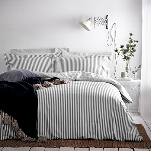 furn. Yard Hebden 100% Cotton Stripe Duvet Cover Set – Reversible Striped Bedding (Grey, Single)