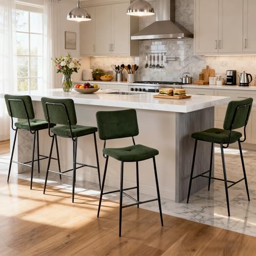 MEUBLE COSY Bar Stools Set of 4, Counter Chairs with Backs, Kitchen Island Stool with Footrest, 68 cm Tall, Fabric Upholstered, Metal Legs, Industrial Style, Green