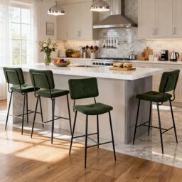 MEUBLE COSY Bar Stools Set of 4, Counter Chairs with Backs, Kitchen Island Stool with Footrest, 68 cm Tall, Fabric Upholstered, Metal Legs, Industrial Style, Green