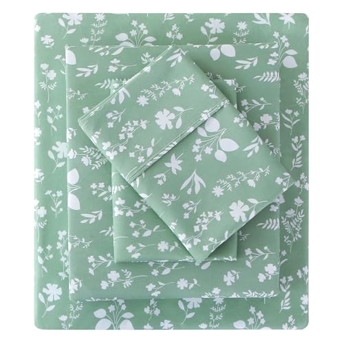 "Viviland Floral King Sheet Set 4 Pieces Green and White Flower Bed Sheet Soft Breathable Brushed Microfiber Bedding Sheets & Pillowcases Wrinkle Free Fitted Sheets with 15"" Deep Pocket for King Size"