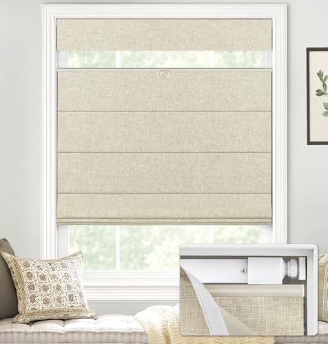 "LazBlinds No Drill TDBU Roman Shades, Blackout - Beige, 22"" W x 64"" H - No Tools Top Down Bottom Up Cordless Fabric Blinds for Window, Thermal Insulated UV Blocking for Bedroom & Living Room"