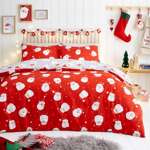 Fusion Happy Santa Claus Duvet Cover – Single Size 140x200cm – Reversible Red Xmas Bedding – Father Christmas Design – 1 Pillowcase – Easy Care Festive Bedding Set