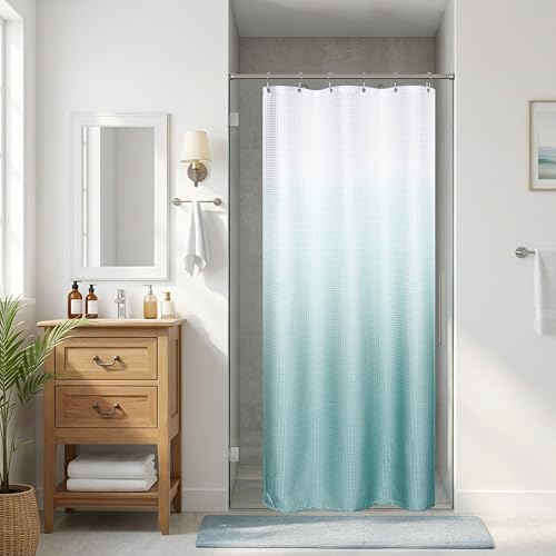 Mrs.Naturall Summer Coastal Shower Curtain for Bathroom Waffle Weave Waterproof Fabric Shower Curtains for RV Camper Camper Aqua 36x72 inch