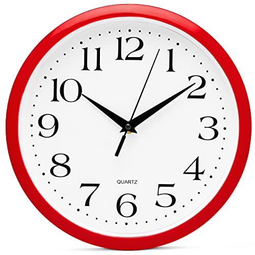 Bernhard Products Red Wall Clock Silent Non Ticking - 12 Inch Quality Quartz Battery Operated Round Easy to Read