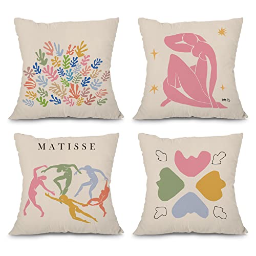 heilkee Matisse Decor Danish Pastel Throw Pillow Covers Set of 4 Decorative Soft Pillowcase Minimalist Room Decor Aesthetic Square Cushion Case for Living Room Girls Bedroom Office,18x18 Inches