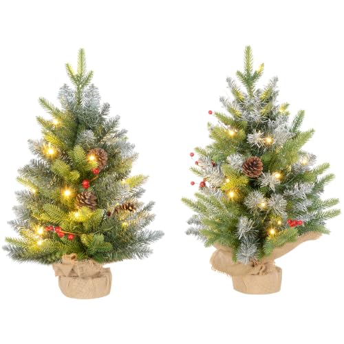 HOMCOM 2 Pieces 2ft Prelit Artificial Christmas Tree with LED Light Green - 141 Tips, Concrete Base, Tabletop Xmas Tree, Pine Cones, Red Berries