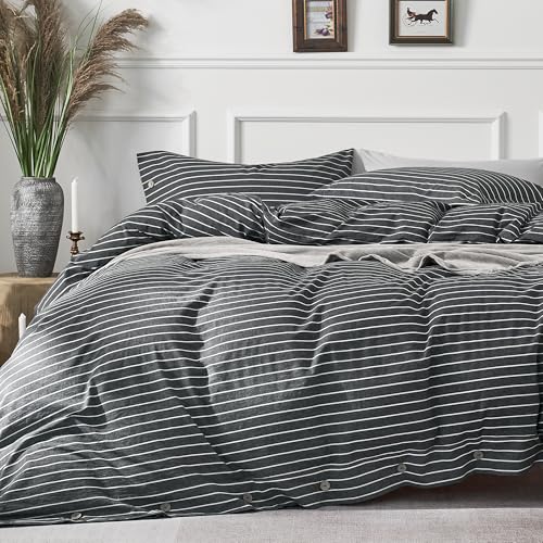 JELLYMONI Cotton Duvet Cover Queen Size - Gray Pinstriped Comforter Cover with Button 100% Washed Cotton 3PCS Breathable Soft Solid Bedding Set Duvet Cover 90??90in & 2 Pillowcases (NO Comforter)