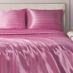 Juicy Couture Silky Satin Damask Sheet Set - Luxury Pink Bedding - Smooth Striped Sheets - Queen Size