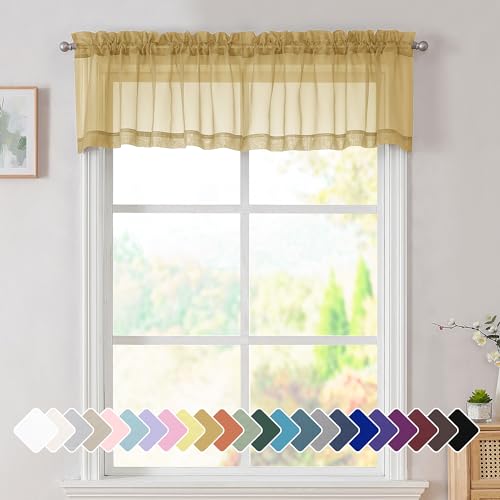 Simplebrand Sheer Curtains Gold 42x14 - Light Filtering, Rod Pocket, Translucent, Sheer Valence Toppers, Kitchen, Living Room, Small Window Treatment, 42x14 Inch