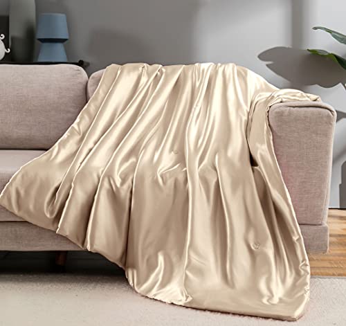 Vonty Satin Throw Blanket Taupe 90x90 Inches (With Small Flowers), Cooling & Silky, Wrinkle-Free Cable Knit Big Size for Couch, Sofa, Bed, Outdoor