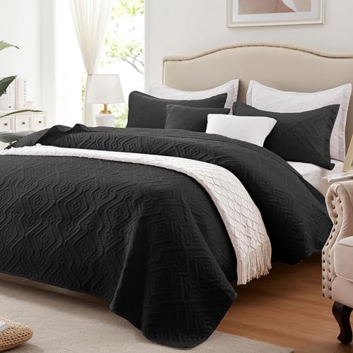 LEAONME Quilt Set King Size 3 Pieces, Lightweight Black Bedspread-98''x106'', Soft Microfiber Summer Quilt, Luxurious Warm Coverlet Sets for All Seasons (includes 1 Quilt, 2 Shams)