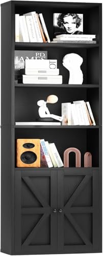 oneinmil Tall Bookshelf, 6 Tier Bookcase with Cabinet Doors, Modern Bookshelves Display Rack, Storage Cabinet for Home, Office, Living Room, Black
