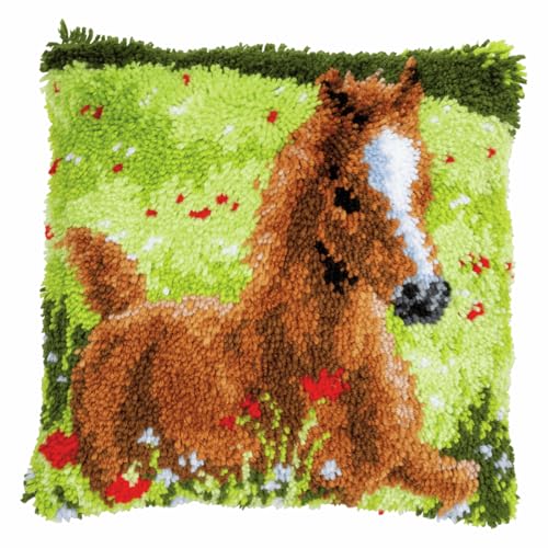 Vervaco Latch Hook Cushion Set Outlined, Cotton Acrylic, Frisky Foal, 40x40cm