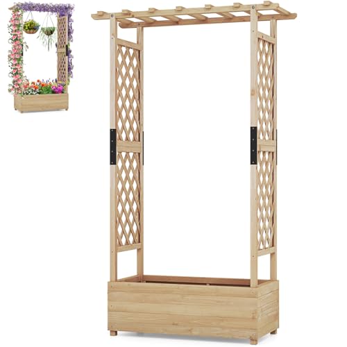 GiantexUK Raised Garden Bed with Arch Trellis (Natural, 110x44x180cm) - Wooden Garden Planter Box with Drainage Holes, Climbing Plants Vines Vegetables Herbs Flower Pots Grow Box