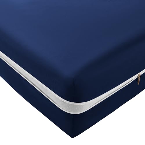 SiinvdaBZX Zipper Fitted Sheet Queen Only, Navy Blue - Ultra-Soft Microfiber Zippered Mattress Cover Protector Bed Bottom Sheet Cover for 12-16 Inch Deep Mattress