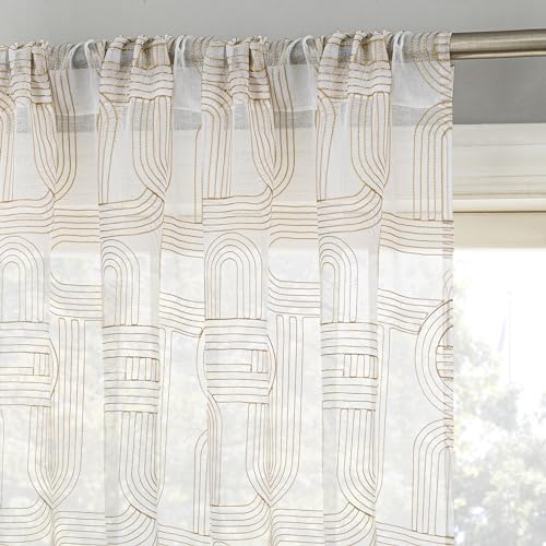 "No. 918 Kaz Embroidered Retro Curves Sheer Rod Pocket Curtain Panel, 50"" x 63"", Champagne"