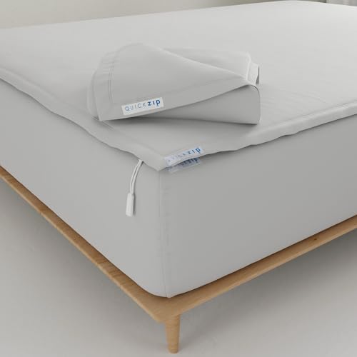QuickZip Fitted Plus Spare Bundle: 1 Fitted Sheet (Base + Zip Sheet) & 1 Zip Sheet - Easy to Change, Won???t Pop Off - Soft Percale 400 TC 100% Cotton - 15??? Deep Pockets Full Size Sheets ??? Misty Gray