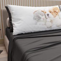 PETTI Artigiani Italiani - Animal Bed Linen with Cats and Dogs in Cotton with Pillowcases in Digital Print, Single Bed Sheet, Dark Grey, 100% Made in Italy