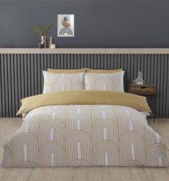 Rapport home Double Duvet Cover Set Premium Polycotton Arches Geometric Design Yellow and White Minimalist 3PC Non-Iron Luxury Bedding Set with Snap Closure, Ochre