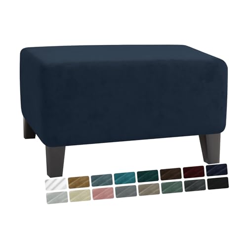 MAXIJIN Velvet Ottoman Cover Rectangular Stretch Square Ottoman Covers Slipcover Rectangle Washable Foot Stool Cover Thick Storage Protector with Elastic Bottom (Ottoman XX-Samll, Navy Blue)