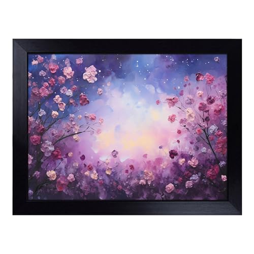 Lap Tray with Bean Bag Cushion, Galaxy Flowers Palette Knife - Handmade in the UK, Raised Wooden Edge, Padded Cushion, Heat-Resistant Wipe-Clean Surface, for Meals, Laptops and Crafts