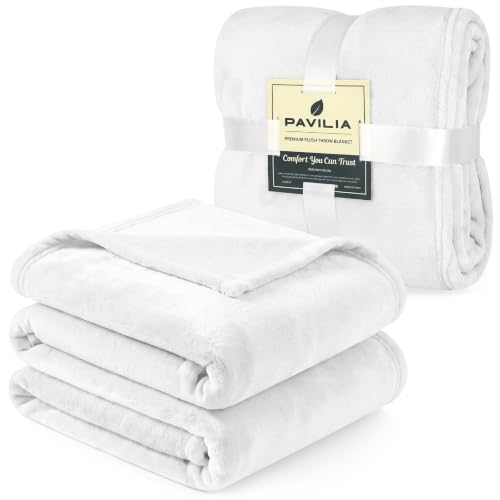PAVILIA White Fleece Throw Blanket for Couch, Soft Fuzzy Flannel Throw for Sofa, Luxury Plush Microfiber Bed Blanket, Cozy Home Decorative Velvet Gift Blanket, 50x60