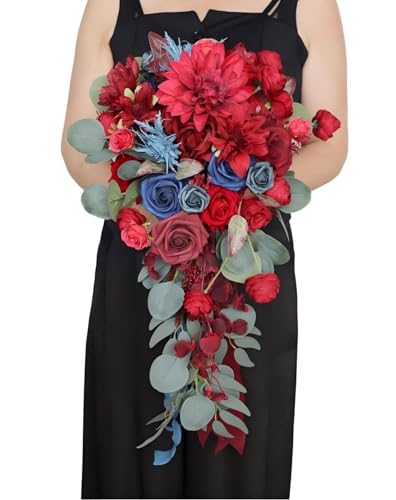 Gkvszy 12.6 Inch Cascade Wedding Bouquet for Bride with Artificial Rose Dahlia Flower Cascading Bridal Bride Bouquet Wedding Ceremony Anniversary Bridal Shower Burgundy and Navy Blue