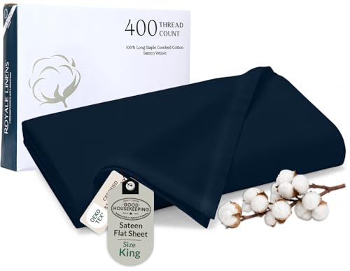 Royale Linen 400 Thread Count 100% Cotton Flat Sheets Only - Cooling Sheets - King Flat Bed Sheets Sold Separately - Luxury Sateen Weave - Breathable & Super Soft Top Sheet Only (King, Rivera Navy)