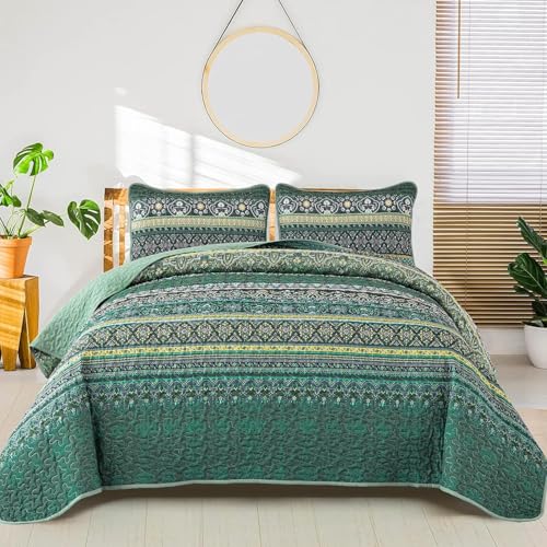 "WONGS BEDDING Boho Full Quilt Set - Bohemian Striped Lightweight Polyester, Breathable All-Season Coverlet, 3-Pieces Set Full 90""x78"", Dorm College Guest Room"