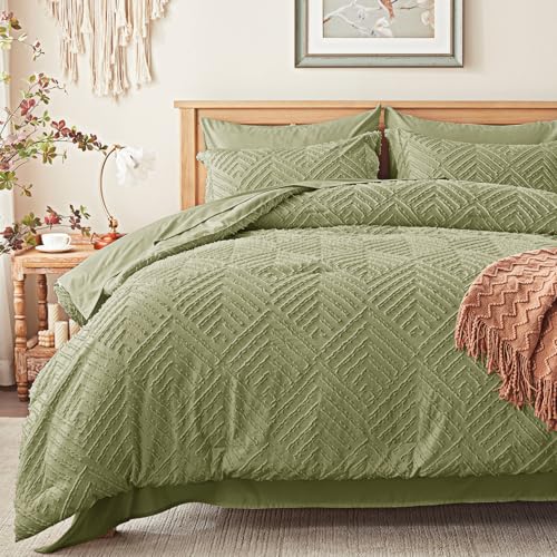 Full Size Comforter Sets 7 Piece, Army Green Bed in a Bag Full Bedding Set - Boho Tufted, OEKO-TEX Certified, Luxury, Lightweight, All Season, Down Alternative Comforter, Breathable sheets & pillowcases