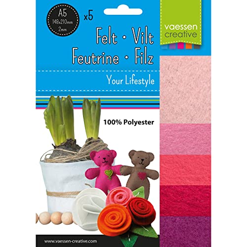 Felt Fabric A5 Assorted 5 Sheets Bundle, 0.2 cm Thickness, Pink