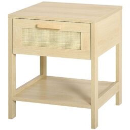 HOMCOM Bedside Table with Rattan Drawer, Nightstand, Storage Open Shelf