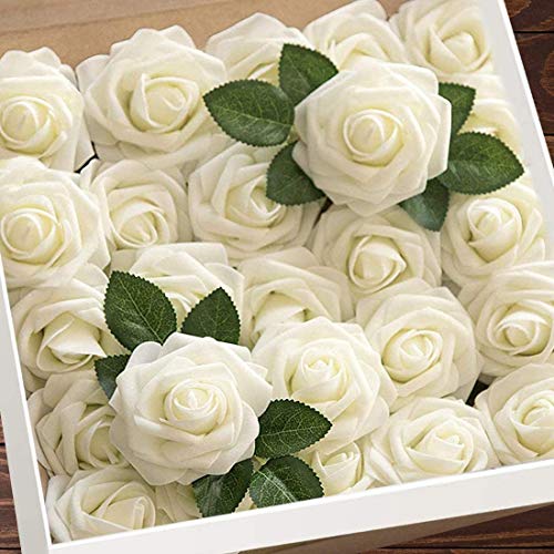 Higfra Artificial Flowers Cream Roses w/Stem, Rustic Farmhouse Decor for Home, Wedding, Kitchen, and Office, Ideal Bridal Shower Party Home Decorations 25pcs