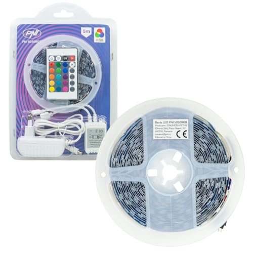 PNI 5050RGB LED Strip, 300 LEDs, RGB, dimmable, Light Games, 5 Meters, IP20, Remote Control, 230V Power Supply Included, White