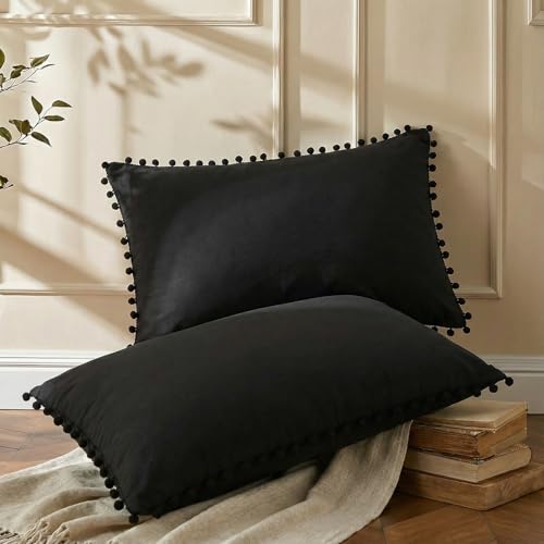 Black Pom Poms Pillowcases, Queen Pillow Cases Set of 2, 100% Washed Microfiber, Ball Fringe Pillow Cover, 2 Pack