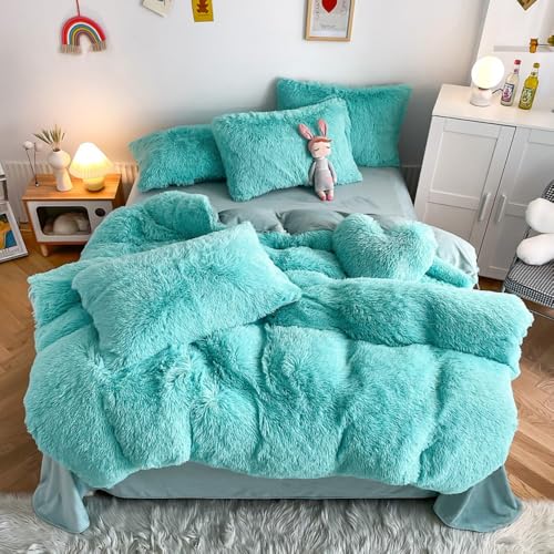 chovy Faux Fur Plush Sky Blue Comforter Sets King - Ultra Soft Shaggy Flannel Velvet Fluffy Fuzzy 3PC Bedding Set (Comforter x 1 Pillowcases x 2)