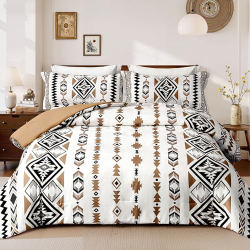 Tyrot Aztec Comforter Bedding Set with Pillow 2 Shams for All Season, Queen Size,Brown