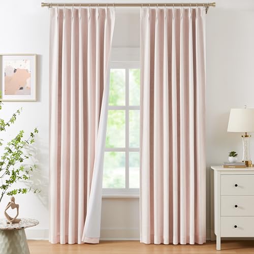 "WEST LAKE Bailey Pinch Pleat Full Blackout Curtains 90 Inches Long - Pink Linen Textured Room Darkening Drapes with Back Tab for Girls Room Bedroom,Rustic Window Treatment,40""Wx90""Lx2"