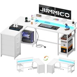 JUMMICO 155cm L‑Shaped Gaming Desk with Monitor Shelf & Power Outlets, Reversible Corner Computer Desk with Drawers & Storage Shelves for Home Office, Sturdy Steel Frame with LED Lights, White
