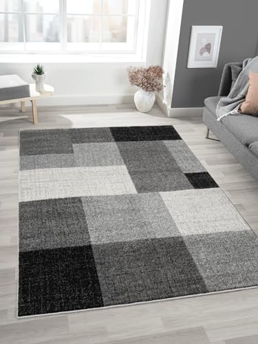 Mia's Mosaix - Modern Dense Short Pile Rug for Living Room and Bedroom with Contour Cut, Geometric Patterns, Chequered, in Grey, 140 x 200 cm