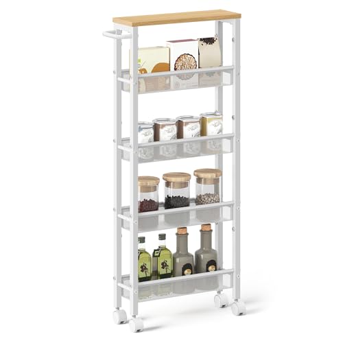 VASAGLE 5-Tier Trolley, Space-Saving Kitchen Cart with Castors, 13 cm Deep, Steel Frame, Handle, Trolley for Small Spaces, Kitchen Bathroom Living Room Studio, Oak Beige and White LRC034W09