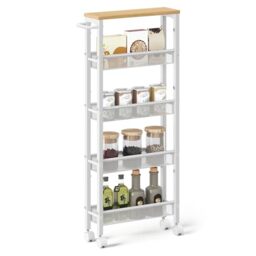VASAGLE 5-Tier Trolley, Space-Saving Kitchen Cart with Castors, 13 cm Deep, Steel Frame, Handle, Trolley for Small Spaces, Kitchen Bathroom Living Room Studio, Oak Beige and White LRC034W09