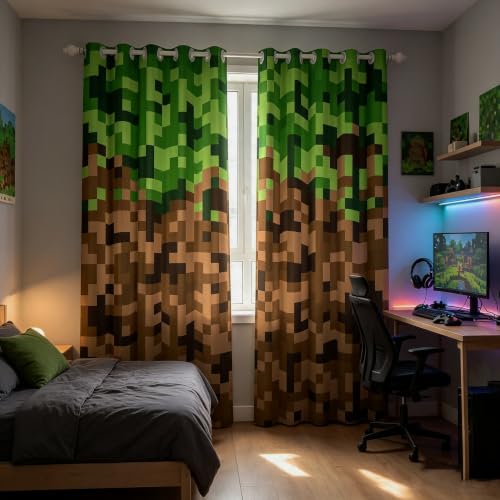 Miners Style Square Grid Window Curtain,Brown Green Army Camo Curtains for Kids Boys Teens Men Room Decor,Cartoon Gamepad Modern Window Treatment Curtain Pixelated Games Window Drapes,42Wx84L