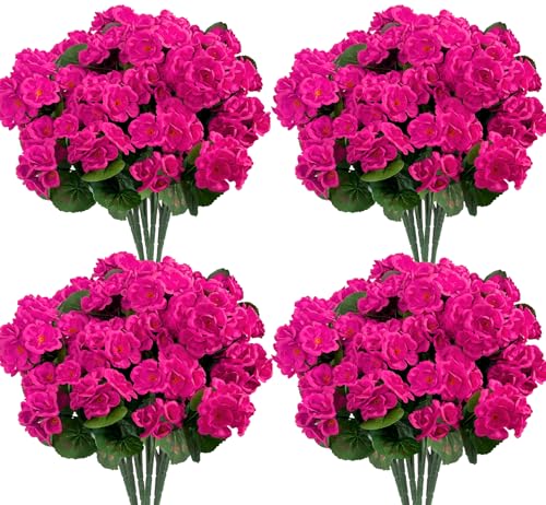 Bassion Artificial Geranium Flowers for Outdoors Decoration, 4 Pcs, Fuschia - UV resistant, silk flowers, realistic artificial geraniums, planter window box balcony outdoor garden outside decoration