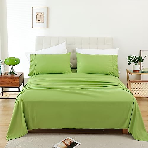 Queen Size Sheet Set, 4 Piece Soft Bed Sheets, Deep Pockets - Breathable and Cooling Microfiber, Wrinkle Free, Hotel Luxury Bed Sheet for Women & Men, Oeko-Tex, Green
