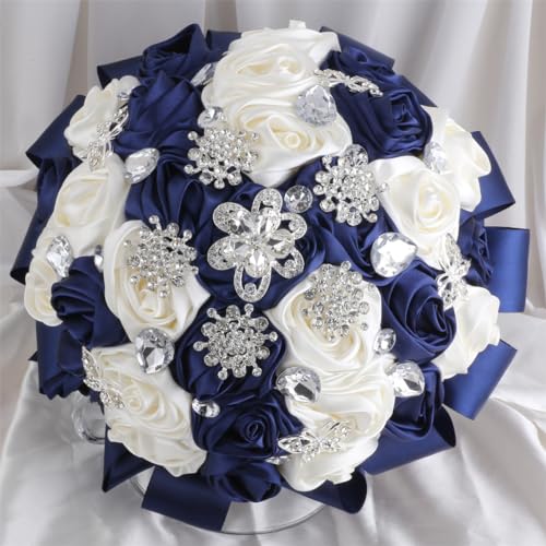 "Mhojpik 9.8"" Navy Blue & Ivory Bridal Wedding Bouquet Throw Toss Artificial Rose Flower Bunch with Bling Brooch for Bride Bridesmaid Wedding Quinceanera"