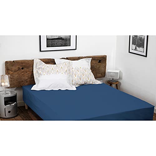 HOME LINGE PASSION, Dark Blue Fitted Sheet 180 x 200 + 30 cm 100% Cotton 57 Thread Count (Label Oeko-TEX Label)