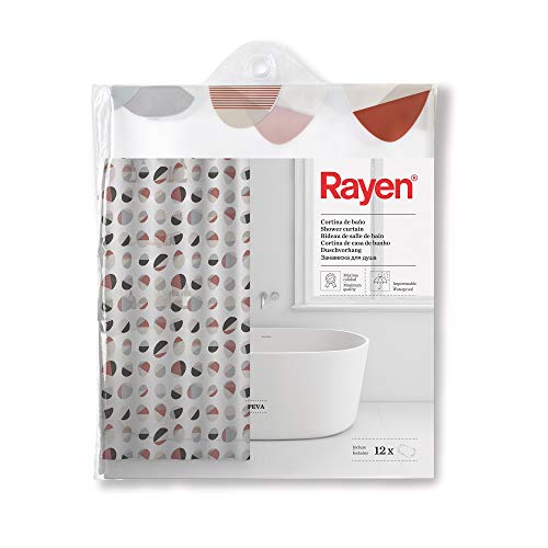 Rayen - Bath Curtains - Shower or Bath Curtain - Waterproof - PVA - Translucent - PVC Rings - Includes 12 Hooks - 180 x 200 cm - White with Colourful Cycles